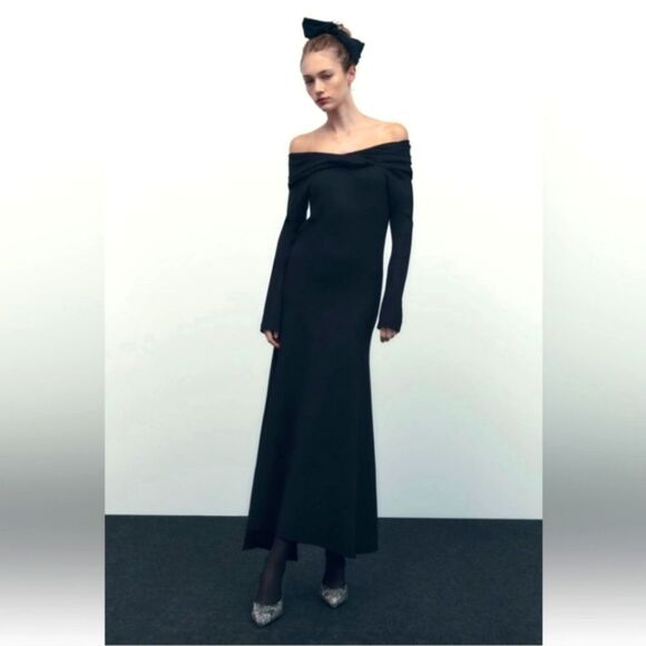 Zara Limited Edition Off The Shoulder Midi Dress Black Size L - Picture 1 of 10